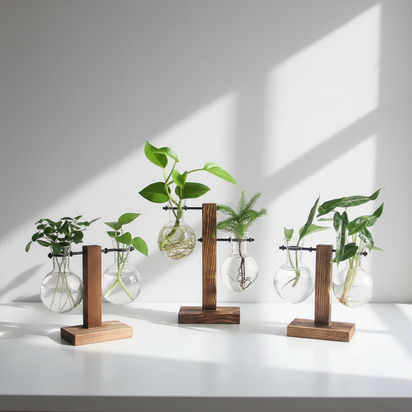 Glass Bulb Hydroponic Planter with Wooden Stand