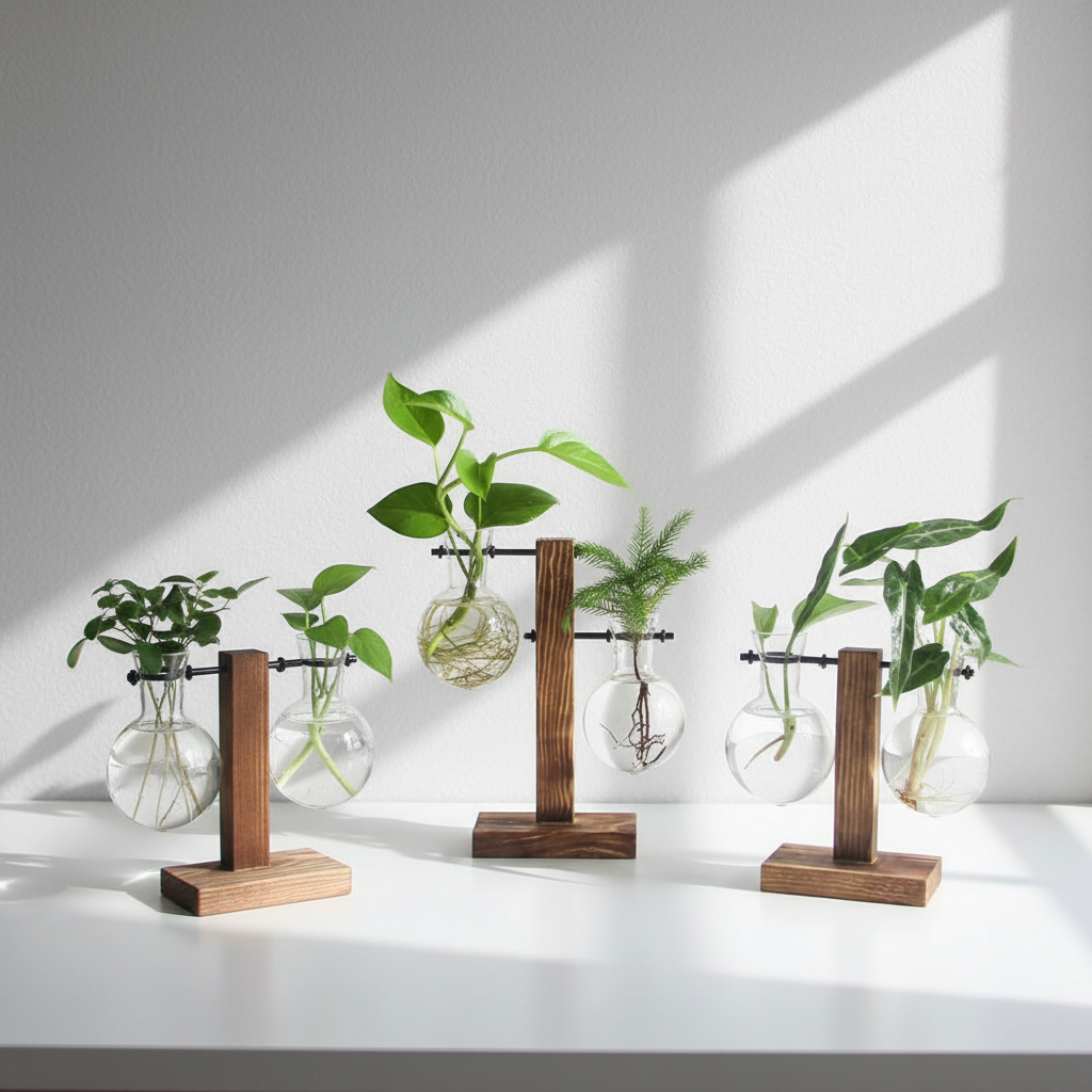 Glass Bulb Hydroponic Planter with Wooden Stand